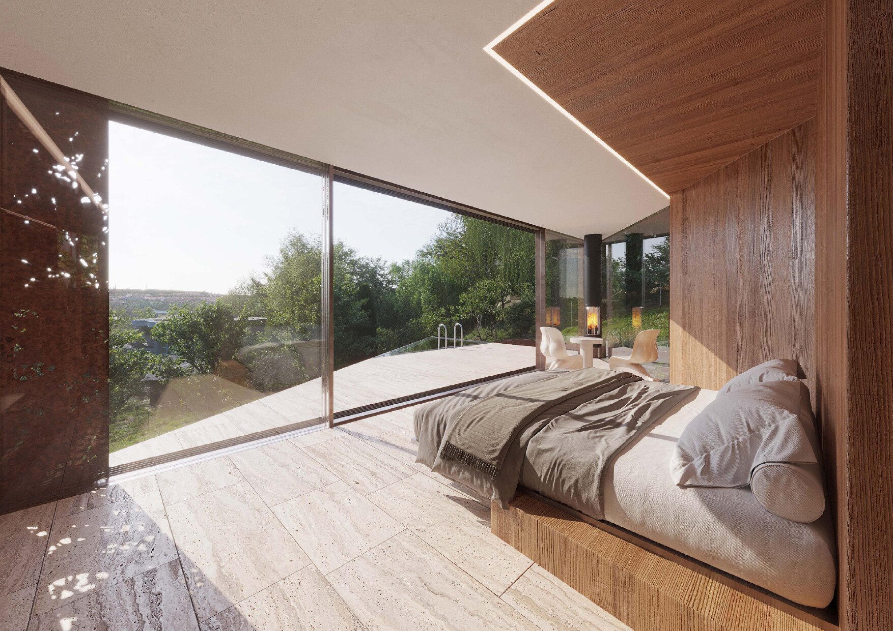 Interiér tiny house s výhledem do krajiny